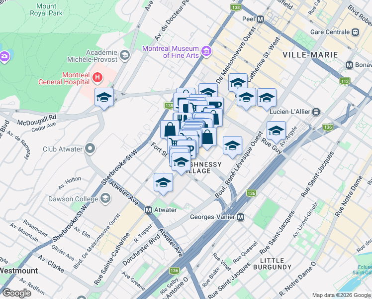 map of restaurants, bars, coffee shops, grocery stores, and more near 1430 Rue Saint Marc in Montréal