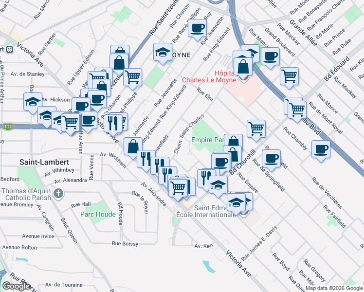 map of restaurants, bars, coffee shops, grocery stores, and more near 81 Chemin Saint-Charles in Longueuil