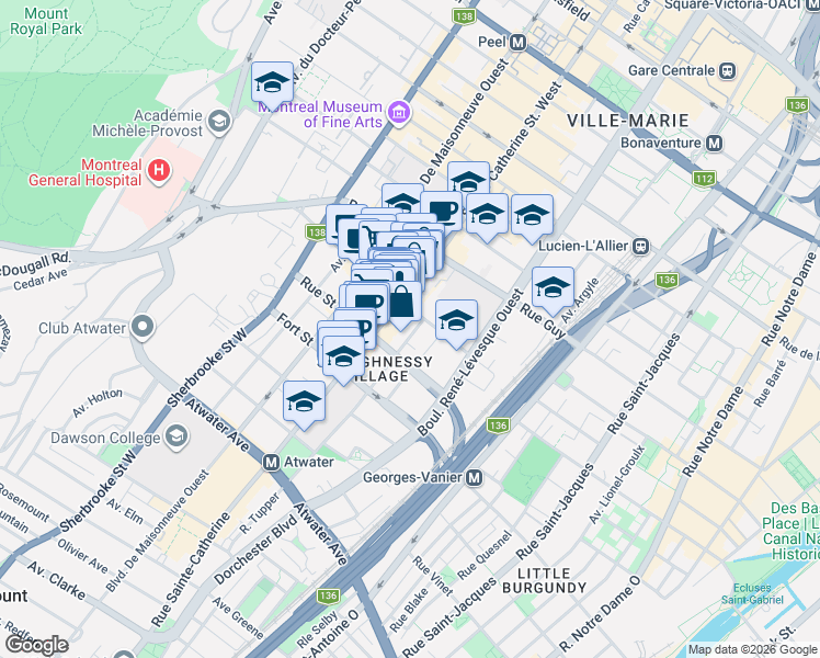 map of restaurants, bars, coffee shops, grocery stores, and more near 1821 Rue Tupper in Montréal