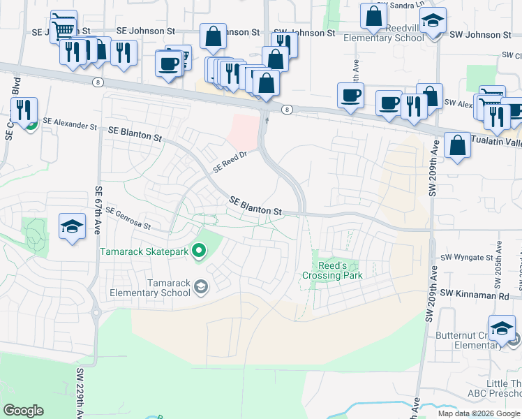 map of restaurants, bars, coffee shops, grocery stores, and more near Southeast Blanton Street in Hillsboro