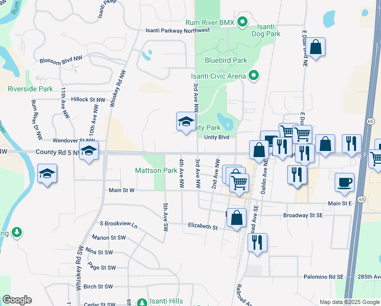 map of restaurants, bars, coffee shops, grocery stores, and more near 301 County Road 5 in Isanti
