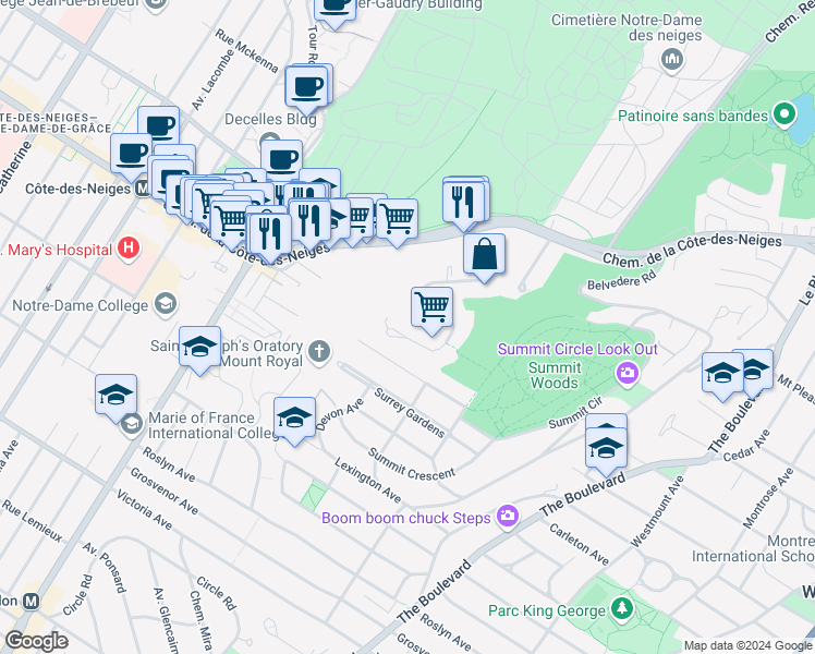 map of restaurants, bars, coffee shops, grocery stores, and more near 3625 Avenue Ridgewood in Montréal