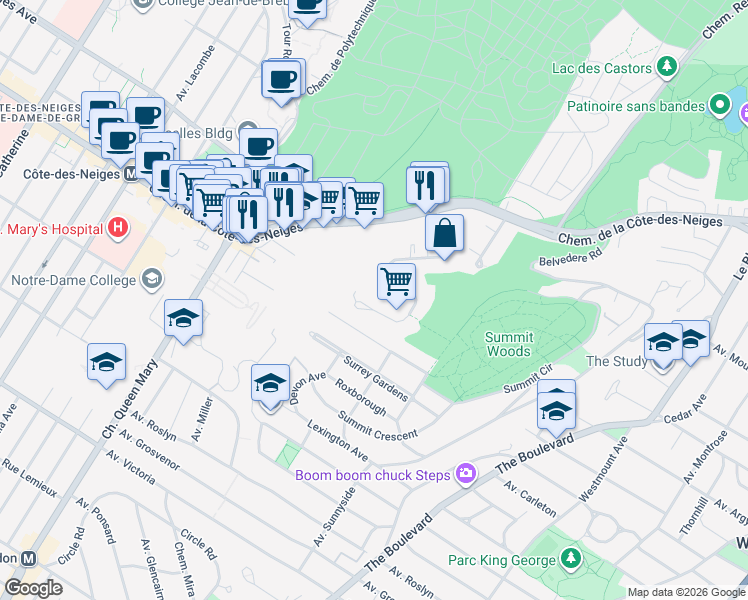 map of restaurants, bars, coffee shops, grocery stores, and more near 3625 Avenue Ridgewood in Montréal