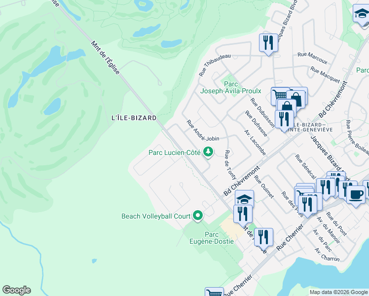 map of restaurants, bars, coffee shops, grocery stores, and more near 781 Montée de l'Église in Montréal