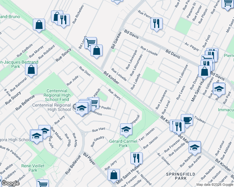 map of restaurants, bars, coffee shops, grocery stores, and more near 1088 Rue Jeary in Longueuil