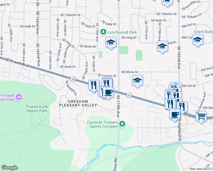 map of restaurants, bars, coffee shops, grocery stores, and more near 17113 Southeast Powell Boulevard in Portland