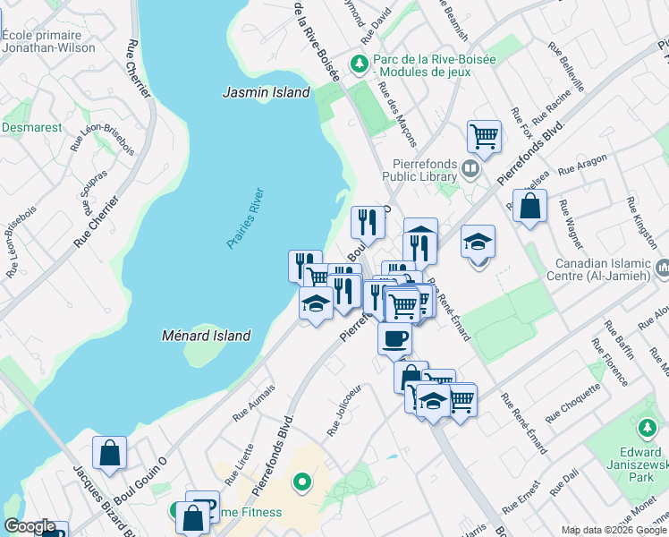 map of restaurants, bars, coffee shops, grocery stores, and more near 14399 Boulevard Gouin Ouest in Montréal