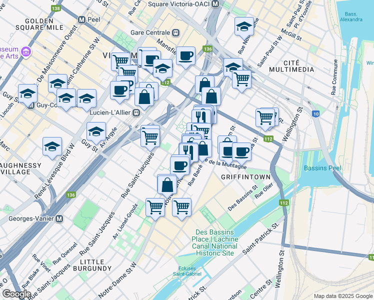 map of restaurants, bars, coffee shops, grocery stores, and more near 500 Rue de la Montagne in Montréal