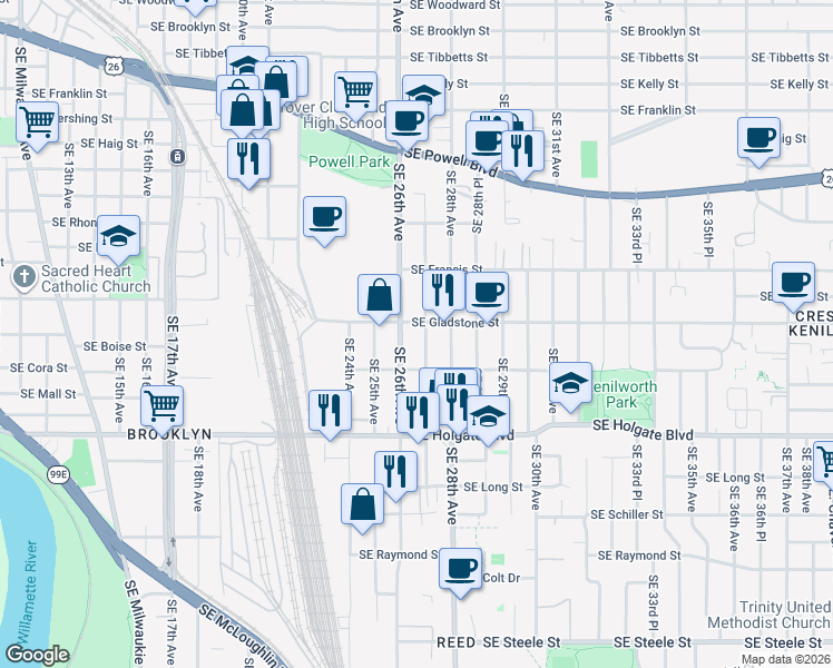 map of restaurants, bars, coffee shops, grocery stores, and more near 2636 Southeast Gladstone Street in Portland