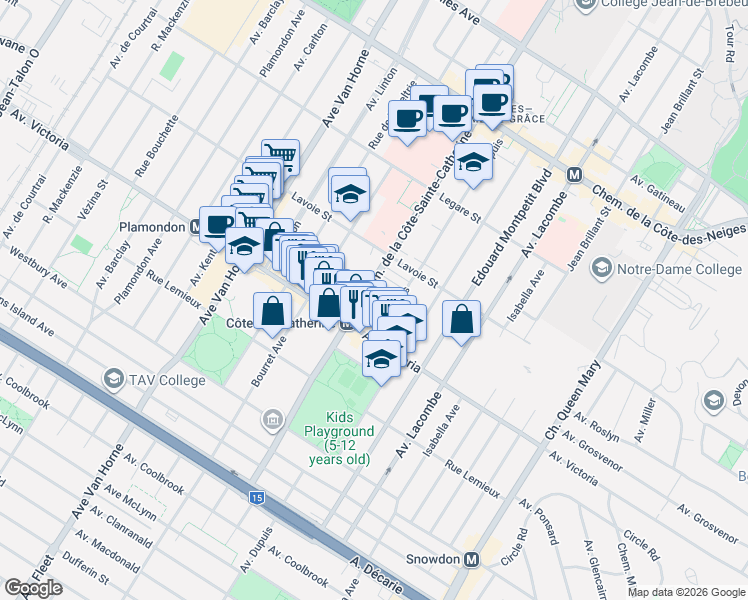 map of restaurants, bars, coffee shops, grocery stores, and more near in Montreal