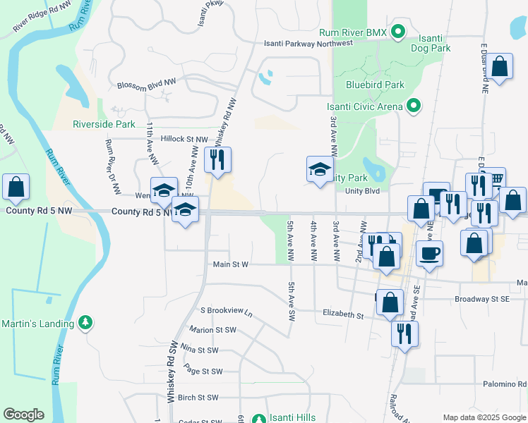 map of restaurants, bars, coffee shops, grocery stores, and more near West Wagon Road in Isanti