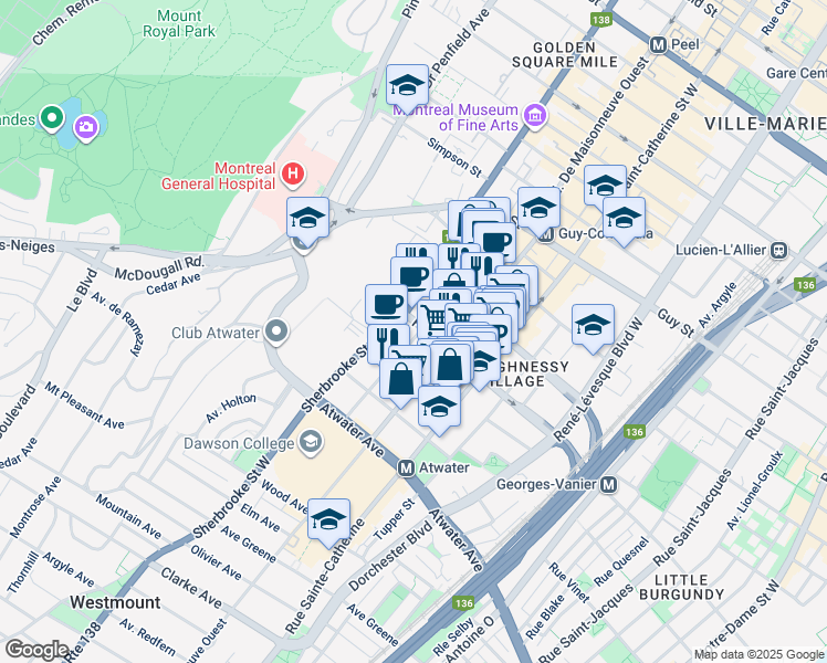 map of restaurants, bars, coffee shops, grocery stores, and more near 2055 Avenue Lincoln in Montréal
