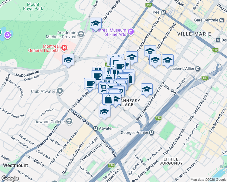map of restaurants, bars, coffee shops, grocery stores, and more near 1455 Rue Towers in Montréal