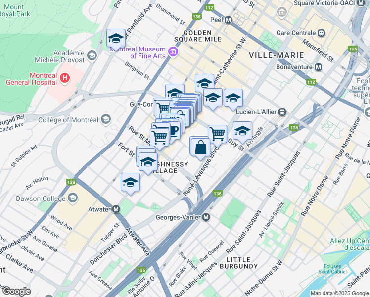 map of restaurants, bars, coffee shops, grocery stores, and more near 1232 Rue Saint Mathieu in Montréal