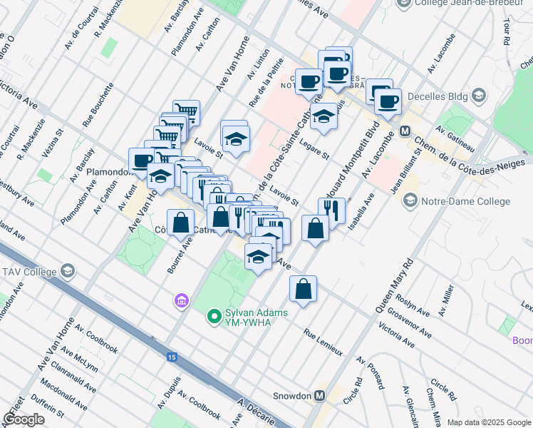 map of restaurants, bars, coffee shops, grocery stores, and more near 5501 Place Bradford in Montréal
