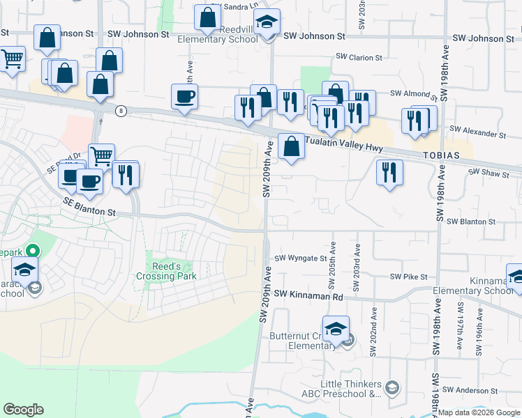 map of restaurants, bars, coffee shops, grocery stores, and more near 3627-3669 Southwest 209th Avenue in Aloha
