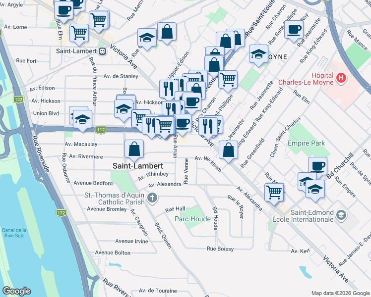 map of restaurants, bars, coffee shops, grocery stores, and more near 435 Avenue de Rothesay in Saint-Lambert