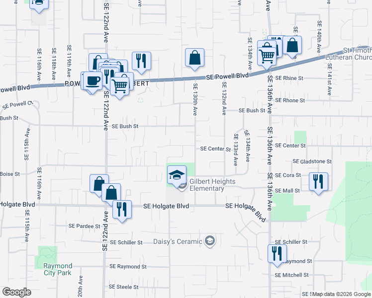 map of restaurants, bars, coffee shops, grocery stores, and more near 12910 Southeast Center Street in Portland