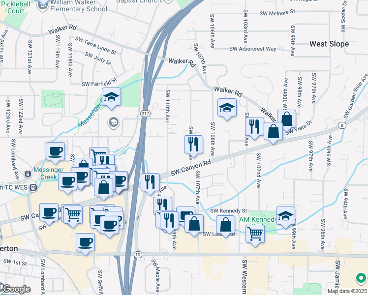 map of restaurants, bars, coffee shops, grocery stores, and more near 3715 Southwest 108th Avenue in Beaverton
