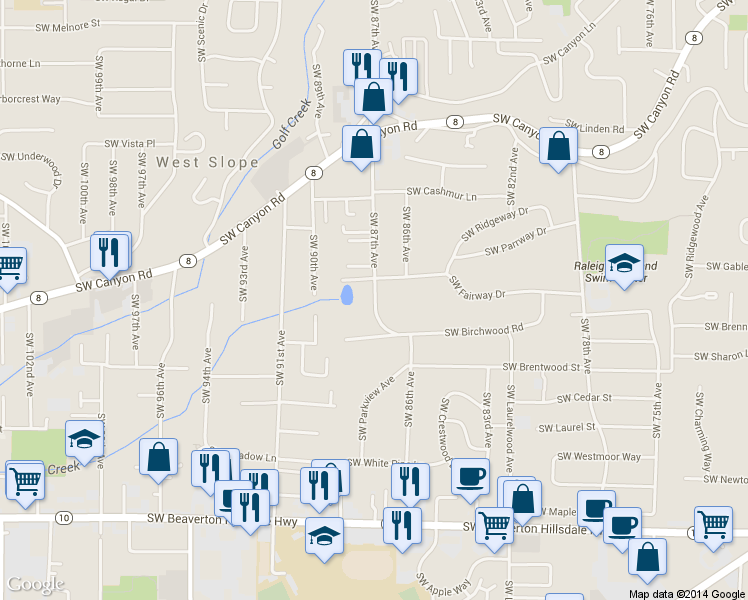 map of restaurants, bars, coffee shops, grocery stores, and more near 8650 Southwest Fairway Drive in Portland