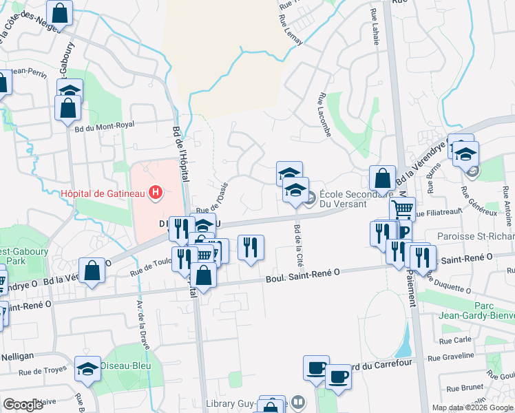 map of restaurants, bars, coffee shops, grocery stores, and more near 27 Impasse des Vents in Gatineau