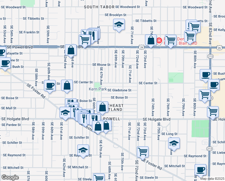 map of restaurants, bars, coffee shops, grocery stores, and more near 6919 Southeast Gladstone Street in Portland