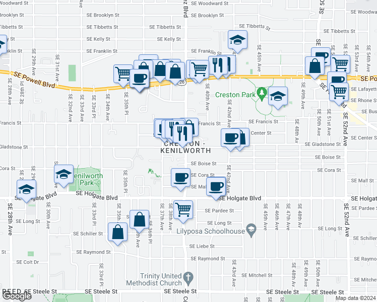 map of restaurants, bars, coffee shops, grocery stores, and more near in Portland