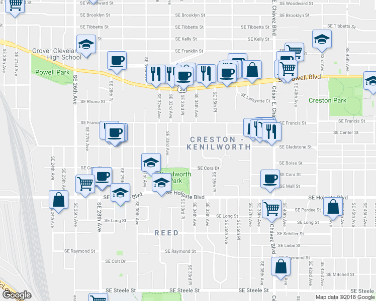 map of restaurants, bars, coffee shops, grocery stores, and more near 4028 Southeast 34th Avenue in Portland