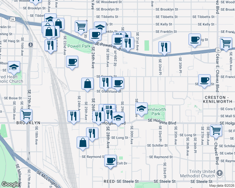 map of restaurants, bars, coffee shops, grocery stores, and more near in Portland