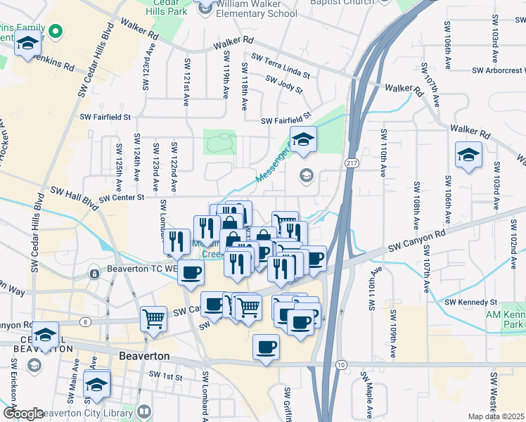 map of restaurants, bars, coffee shops, grocery stores, and more near 3620 Southwest 117th Avenue in Beaverton