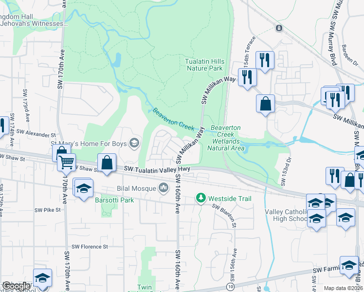 map of restaurants, bars, coffee shops, grocery stores, and more near 3621 Southwest Innovation Court in Beaverton