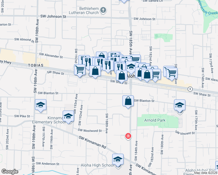 map of restaurants, bars, coffee shops, grocery stores, and more near 18840 Southwest Shaw Street in Aloha