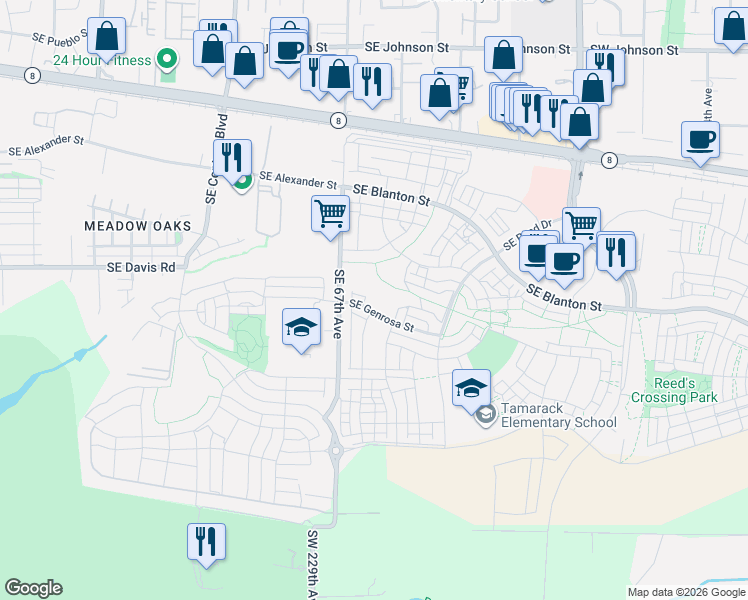 map of restaurants, bars, coffee shops, grocery stores, and more near 6745 Southeast Genrosa Street in Hillsboro