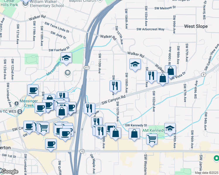 map of restaurants, bars, coffee shops, grocery stores, and more near 3715 Southwest 108th Avenue in Beaverton