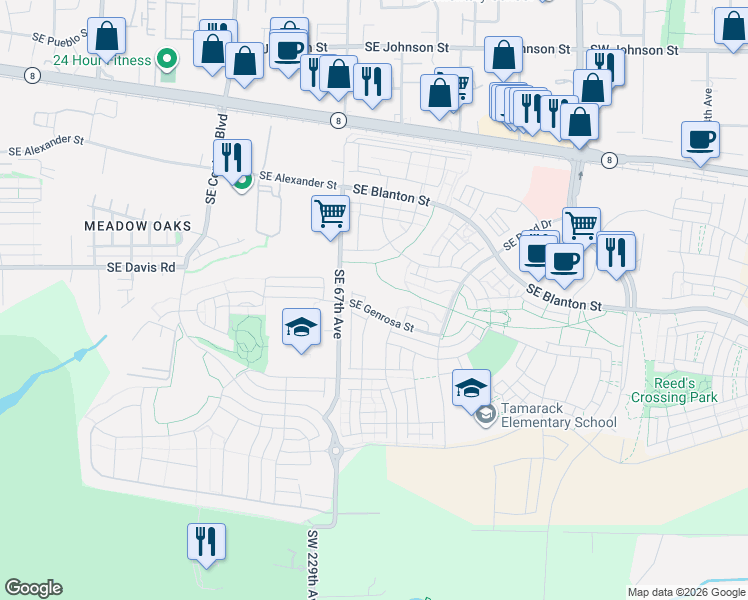 map of restaurants, bars, coffee shops, grocery stores, and more near 6745 Southeast Genrosa Street in Hillsboro