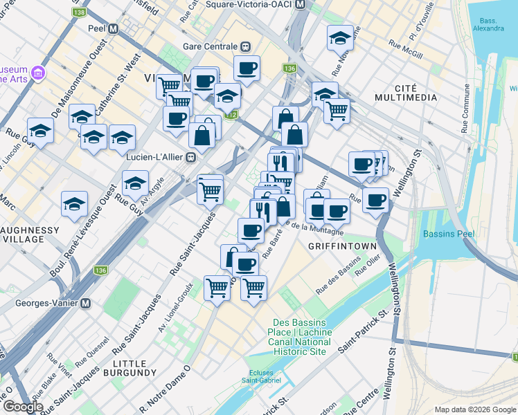 map of restaurants, bars, coffee shops, grocery stores, and more near 500 Rue de la Montagne in Montréal