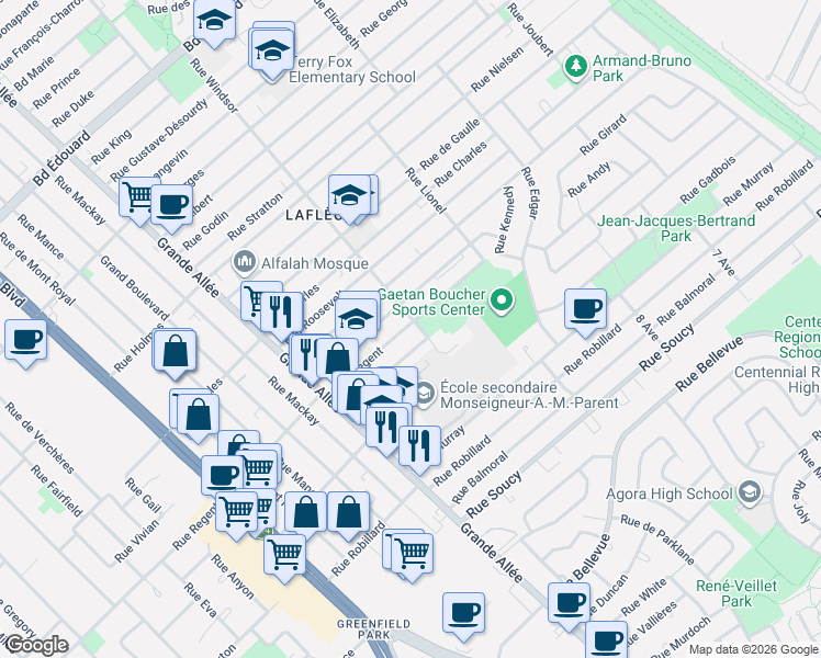 map of restaurants, bars, coffee shops, grocery stores, and more near 3770 Rue Windsor in Longueuil