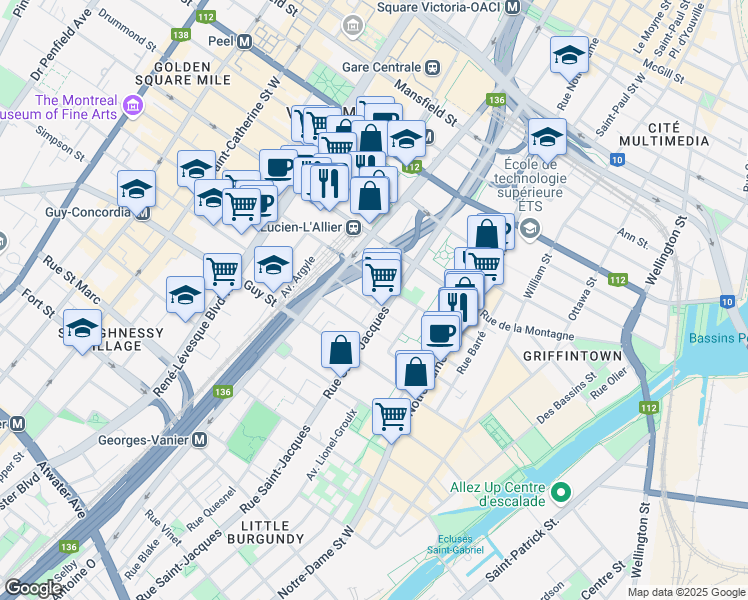 map of restaurants, bars, coffee shops, grocery stores, and more near 727 Rue Versailles in Montréal