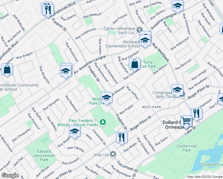 map of restaurants, bars, coffee shops, grocery stores, and more near 169 Rue Fairview in Dollard-des-Ormeaux
