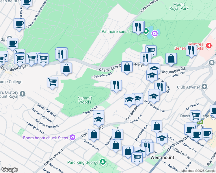map of restaurants, bars, coffee shops, grocery stores, and more near 2 Summit Circle in Westmount
