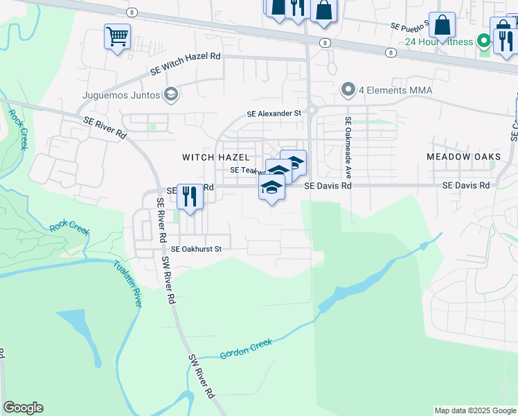 map of restaurants, bars, coffee shops, grocery stores, and more near 4690 Southeast Davis Road in Hillsboro