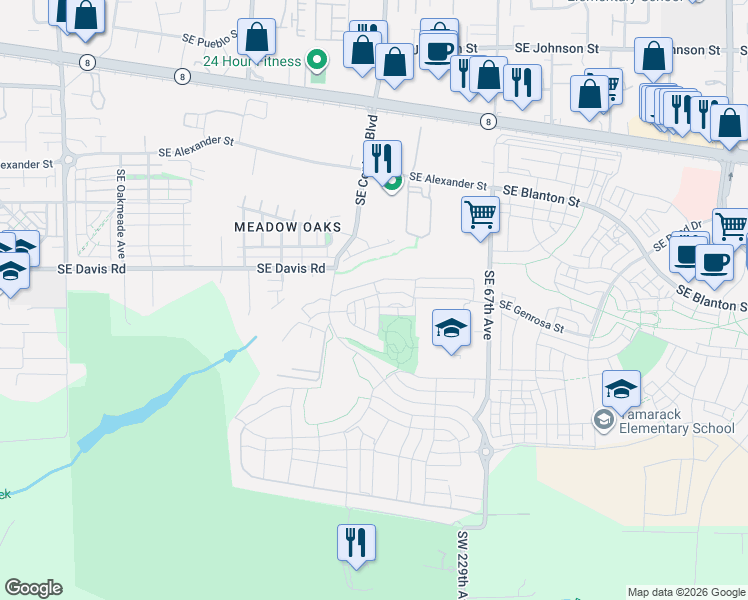 map of restaurants, bars, coffee shops, grocery stores, and more near 6230 Southeast Genrosa Street in Hillsboro