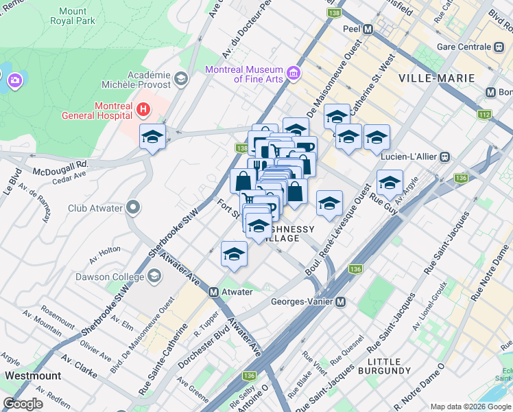 map of restaurants, bars, coffee shops, grocery stores, and more near 1455 Rue Towers in Montréal
