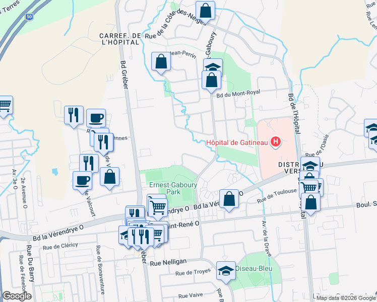 map of restaurants, bars, coffee shops, grocery stores, and more near 35 Rue de Grondines in Gatineau