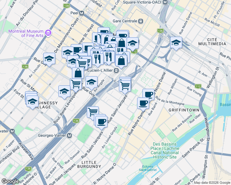 map of restaurants, bars, coffee shops, grocery stores, and more near 774 Rue Versailles in Montréal