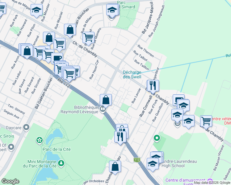 map of restaurants, bars, coffee shops, grocery stores, and more near 2158 Rue Racine in Longueuil