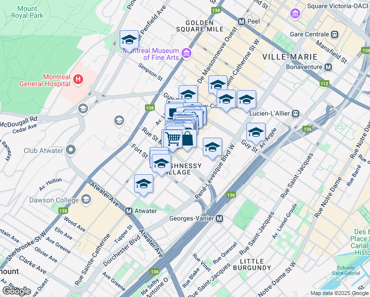 map of restaurants, bars, coffee shops, grocery stores, and more near in Montreal