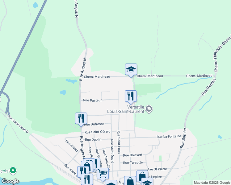 map of restaurants, bars, coffee shops, grocery stores, and more near Rue Saint Louis in East Angus