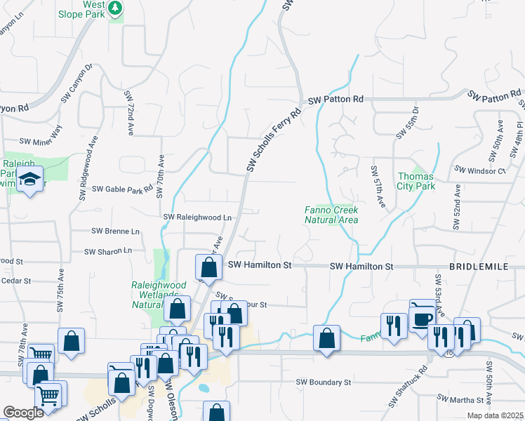 map of restaurants, bars, coffee shops, grocery stores, and more near 6321 Southwest Raleighwood Court in Portland