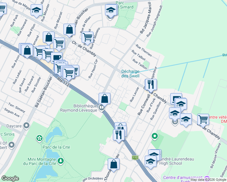 map of restaurants, bars, coffee shops, grocery stores, and more near 2158 Rue Racine in Longueuil